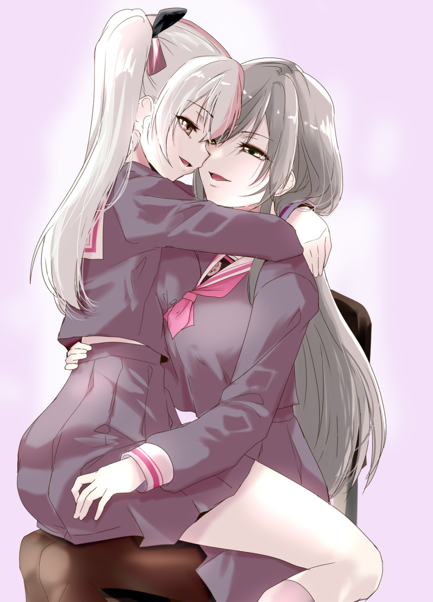 2girls, arms_around_neck, black_ribbon, breast_press, breasts, brown_pantyhose, chair, commentary_request