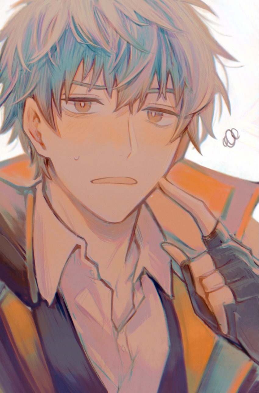 1boy, absurdres, black_gloves, blush, body_blush, collared_shirt, embarrassed, fate/grand_order