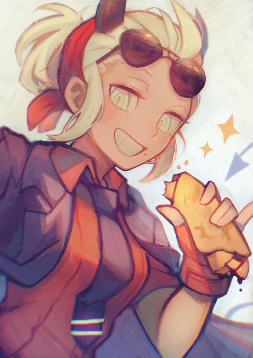 1girl, absurdres, bandana, black_horns, black_jacket, black_necktie, black_tail, blind, breasts, collared_shirt, demon_girl, demon_horns, demon_tail, eyewear_on_head, fingerless_gloves, food, food_bite, food_on_face, gaito-san, gloves, helltaker, highres, holding, holding_food, horns, jacket, jacket_on_shoulders, justice_(helltaker), looking_at_viewer, medium_breasts, necktie, pancake, red_gloves, red_shirt, shirt, short_hair, short_sleeves, smile, solo, sparkle, sunglasses, tail, tie_clip, upper_body, white_hair