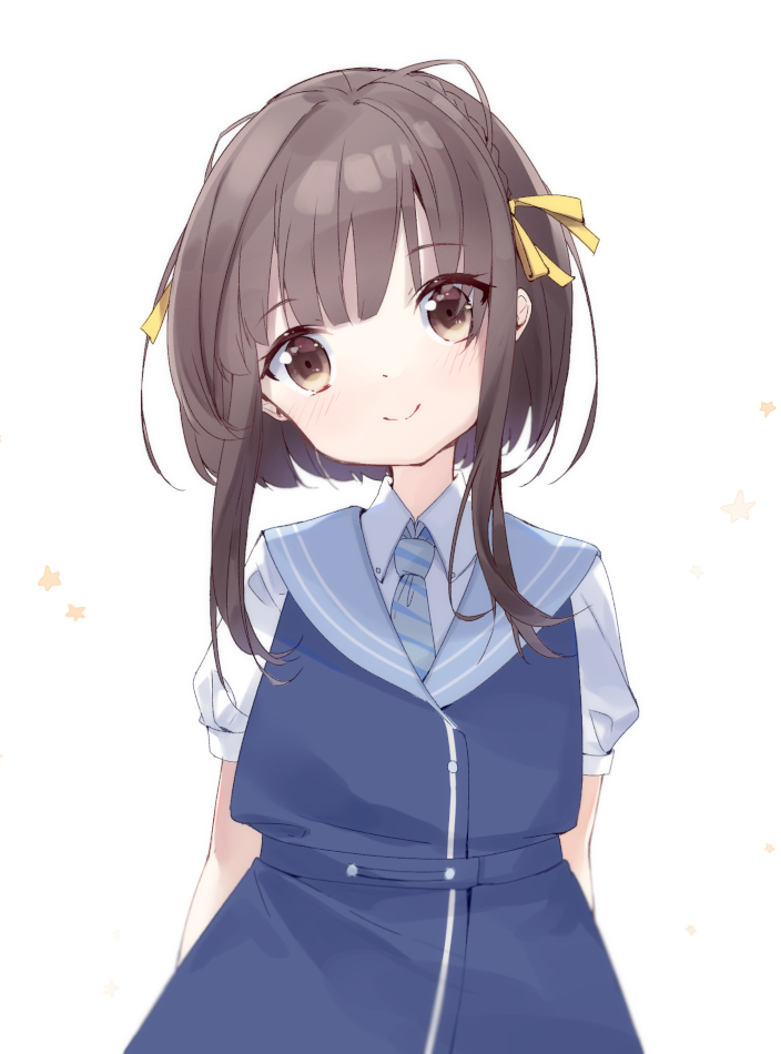 1girl, black_hair, blue_dress, brown_eyes, commentary_request, cowboy_shot, diagonal-striped_clothes, diagonal-striped_necktie