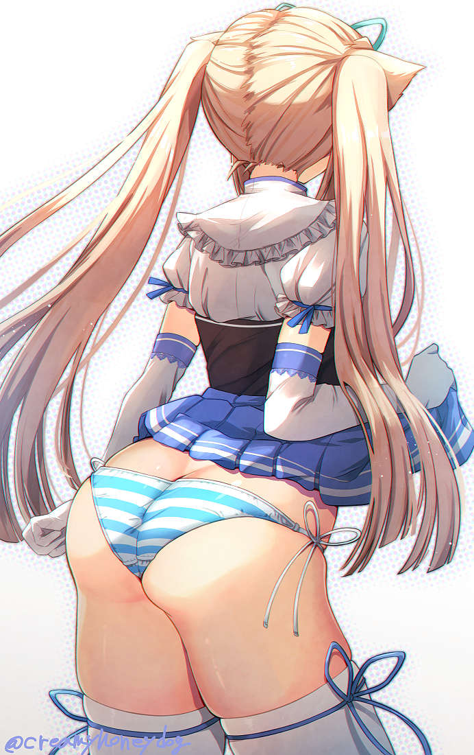 1girl, animal_ears, ass, back, blonde_hair, blue_skirt, blunt_ends, commentary_request