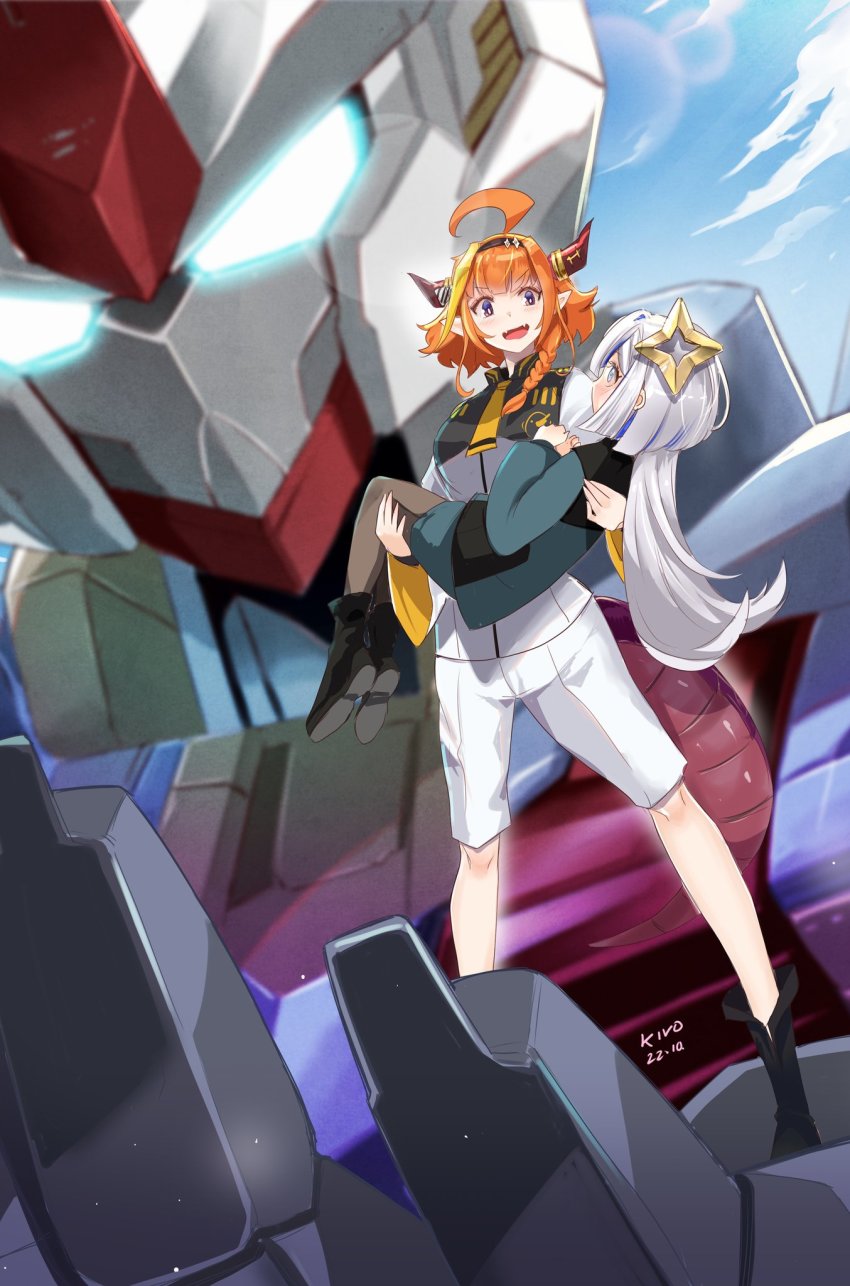 2girls, ahoge, amane_kanata, artist_name, carrying, cosplay, crossover, dated