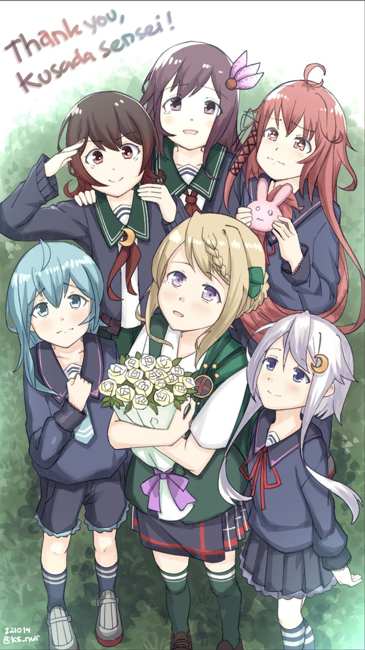 6+girls, ahoge, asymmetrical_hair, badge, black_sailor_collar, black_serafuku, black_shorts, black_skirt