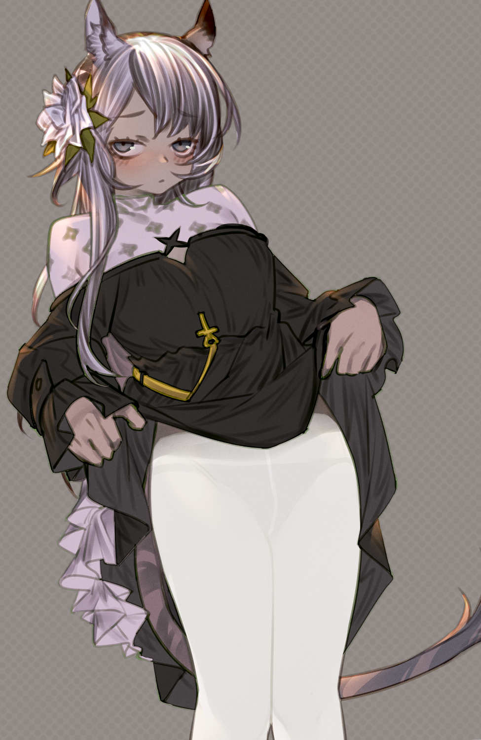 1girl, animal_ear_fluff, animal_ears, arknights, black_dress, black_eyes, blush, closed_mouth, clothes_lift, dark-skinned_female, dark_skin, dotted_background, dress, dress_lift, feet_out_of_frame, flower, grey_background, grey_hair, hair_flower, hair_ornament, heavyrain_(arknights), heavyrain_(tranquil_moss)_(arknights), highres, horse_ears, horse_girl, horse_tail, kochiya_(gothope), lifting_own_clothes, long_hair, long_sleeves, looking_at_viewer, official_alternate_costume, panties, panties_under_pantyhose, pantyhose, solo, standing, tail, underwear, white_flower, white_pantyhose