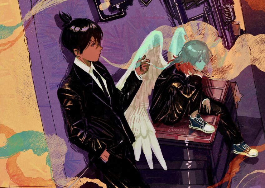 angel_devil_(chainsaw_man), angel_wings, black_hair, black_necktie, black_suit, chainsaw_man, cigarette, collared_shirt, formal_clothes, hand_in_pocket, hayakawa_aki, highres, holding, holding_cigarette, jacket, juuxzi, long_hair, necktie, open_clothes, open_jacket, red_hair, shirt, sitting, smoke, smoking, suit, suit_jacket, topknot, trash_can, white_shirt, white_wings, wings