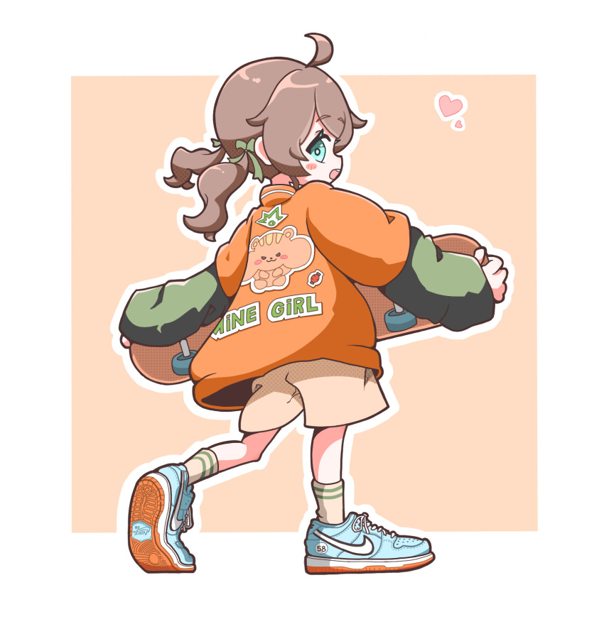 1girl, ahoge, aqua_eyes, brown_hair, commentary, from_behind, green_ribbon, green_sleeves, gyorasuke, hair_ribbon, heart, highres, holding, holding_skateboard, hololive, jacket, long_sleeves, looking_at_viewer, looking_to_the_side, matsurisu, medium_hair, natsuiro_matsuri, natsuiro_matsuri_(1st_costume), open_mouth, orange_jacket, ribbon, shoes, simple_background, skateboard, sneakers, socks, solo, twintails, virtual_youtuber, walking