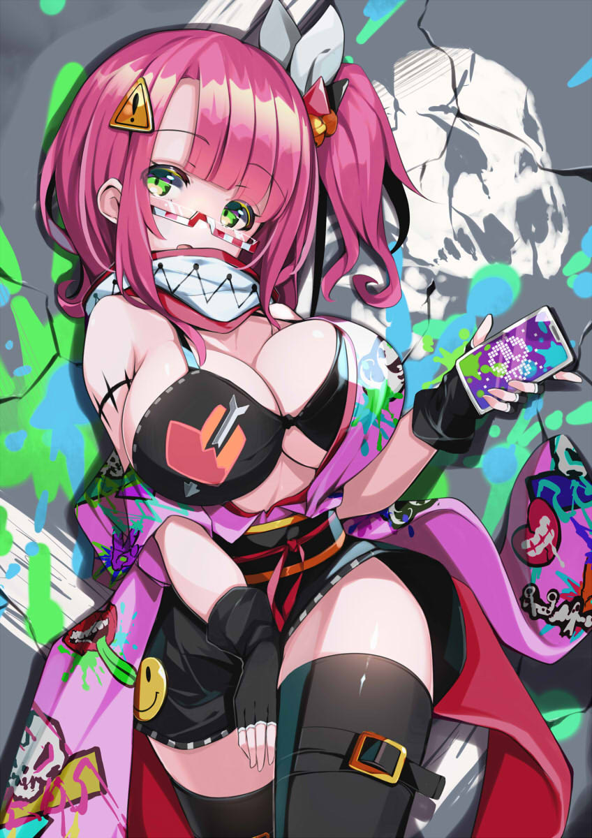 1girl, arrow_through_heart, bell, belt, belt_buckle, bikini, bikini_top_only, black_belt, black_bikini, black_gloves, black_skirt, black_thighhighs, breasts, buckle, cellphone, cleavage, cowboy_shot, fingerless_gloves, gloves, green_eyes, hair_bell, hair_ornament, hair_ribbon, hand_up, heart, highres, holding, holding_phone, jingle_bell, large_breasts, leg_belt, medium_hair, midriff, miniskirt, obi, omochishiki, open_mouth, original, paint_splatter, phone, pink_hair, ribbon, sash, semi-rimless_eyewear, side_ponytail, sign, skirt, smartphone, smiley_face, solo, striped_glasses, swimsuit, thighhighs, under-rim_eyewear, underboob, warning_sign, white_ribbon, zettai_ryouiki