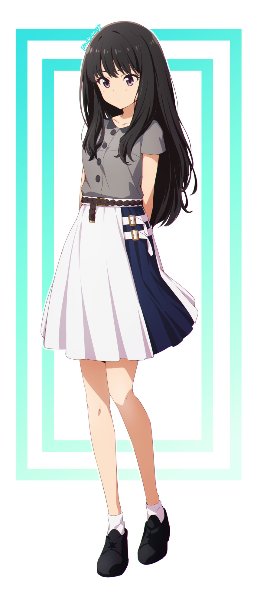 1girl, absurdres, arms_behind_back, belt, black_hair, black_shoes, blue_skirt, brown_belt