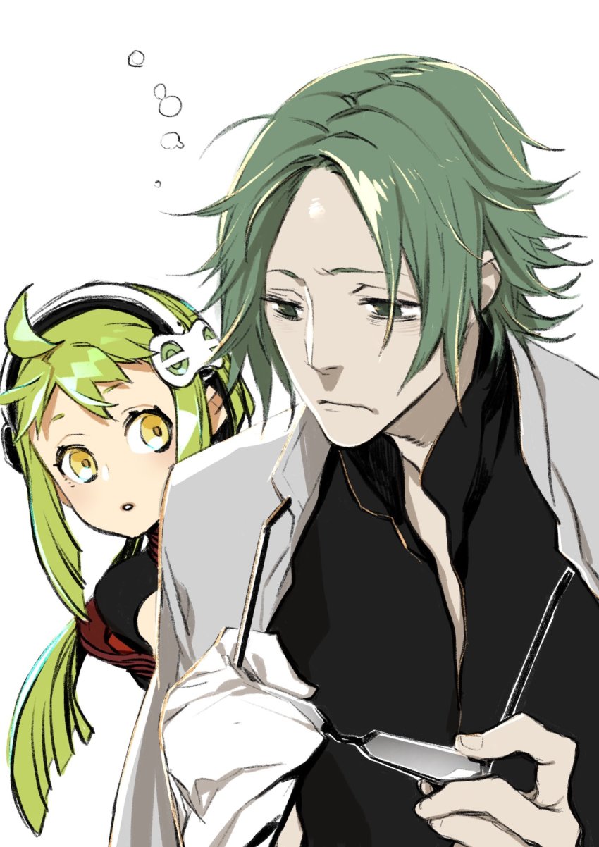 1boy, 1girl, 7th_dragon_(series), 7th_dragon_2020, :o, ahoge, ayafumi_kirino, bags_under_eyes, black_shirt, cleaning_eyewear, commentary_request, unworn_eyewear, furrowed_brow, green_eyes, green_hair, hairband, highres, jacket, jacket_on_shoulders, long_hair, looking_at_another, medium_hair, miina_(7th_dragon), miina_(7th_dragon_2020), miwa_shirow, navigator_(7th_dragon), peeking_out, shirt, simple_background, sleepy, upper_body, white_background, yellow_eyes