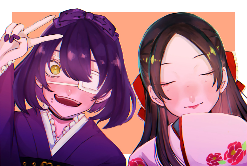 2girls, 39818sos, absurdres, bow, brown_hair, chin_piercing, closed_eyes, ear_piercing