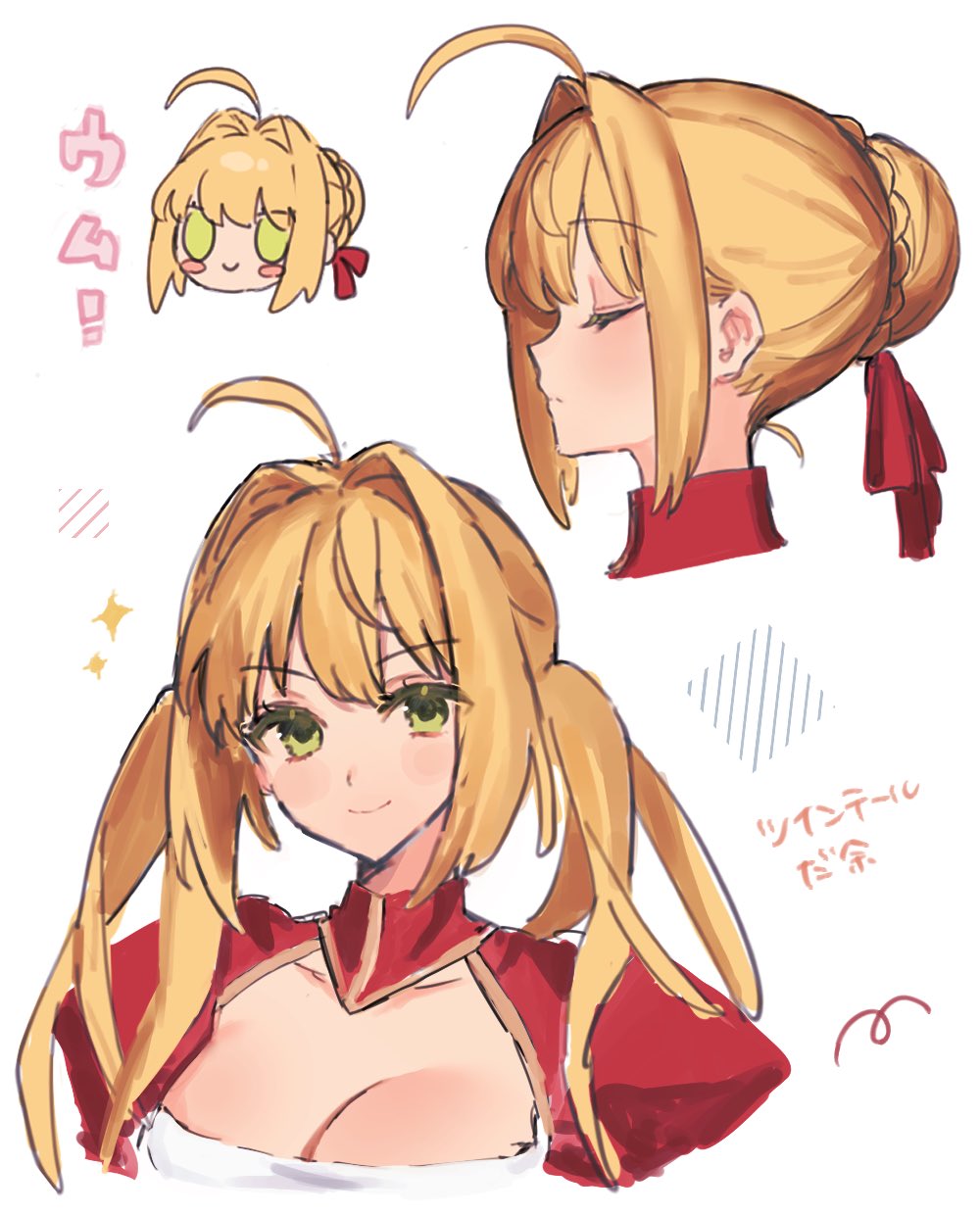 1girl, ahoge, alternate_hairstyle, blonde_hair, breasts, chibi, cleavage, closed_eyes