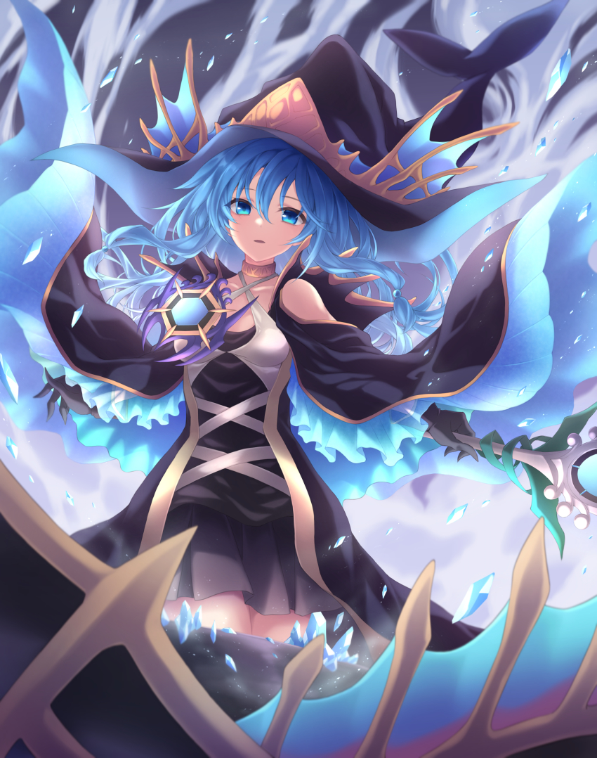 1girl, absurdres, ariel_(yu-gi-oh!), black_gloves, blue_eyes, blue_hair, clothing_cutout, collar