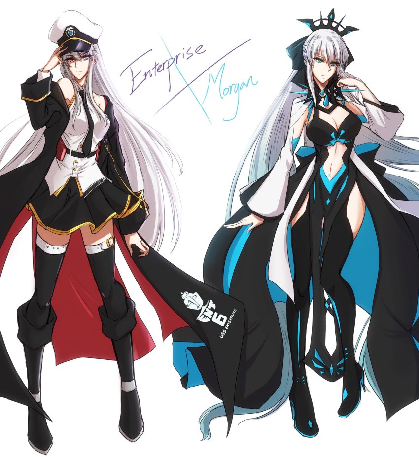 2girls, absurdres, azur_lane, black_bow, black_coat, black_necktie, black_skirt, blue_eyes