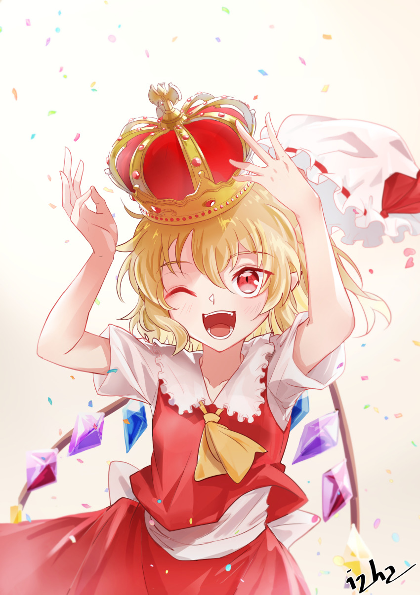 1girl, absurdres, ascot, collared_shirt, commentary_request, crown, crystal, flandre_scarlet
