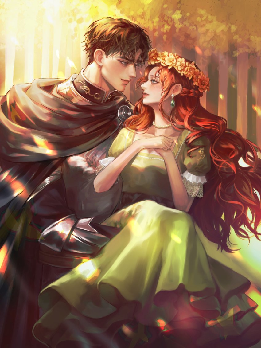 1boy, 1girl, absurdres, armor, bead_necklace, beads, brown_cape, brown_hair