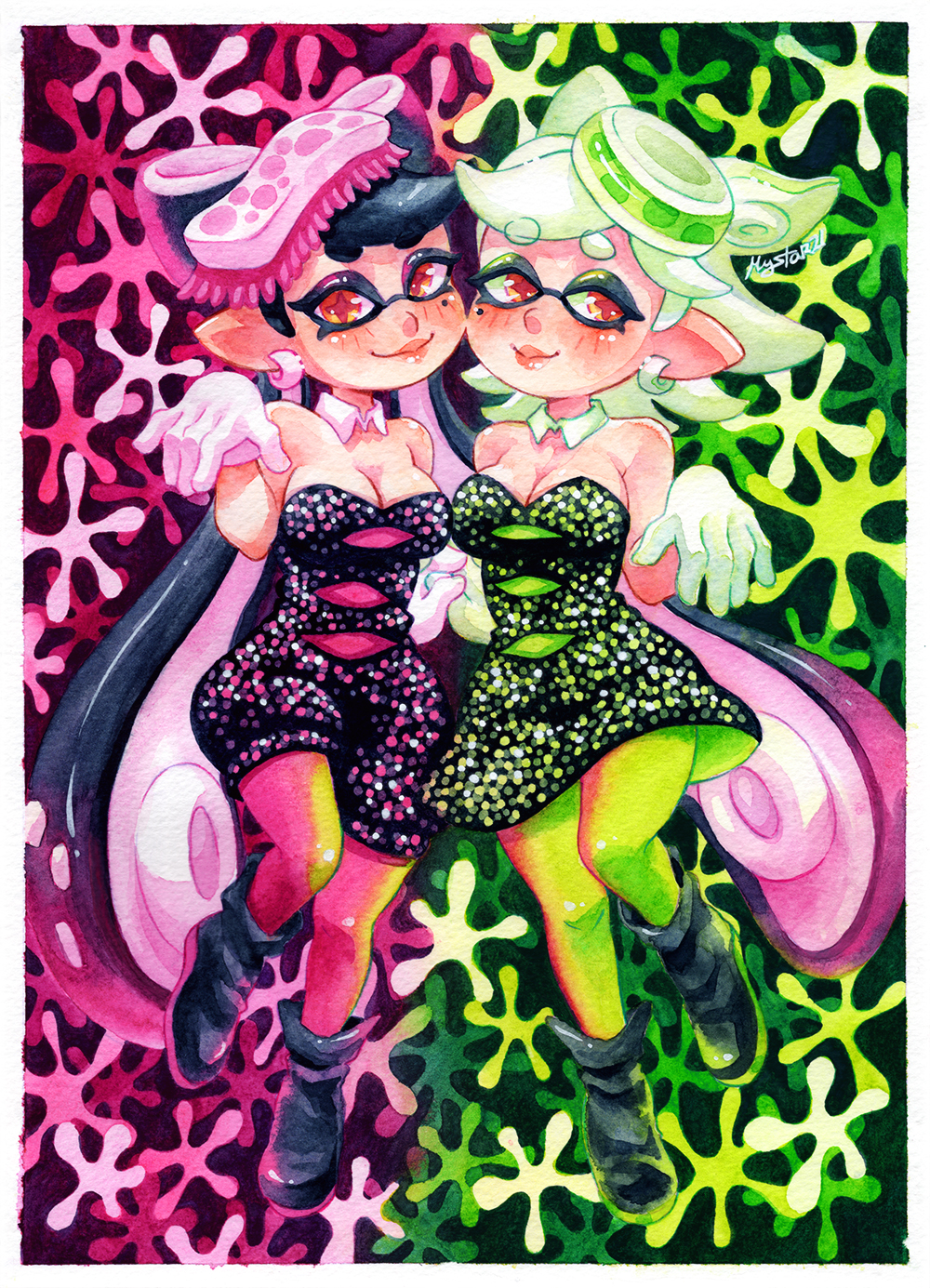 2girls, bug, callie_(splatoon), firefly, from_below, full_body, highres, hotaru_(htol#niq)