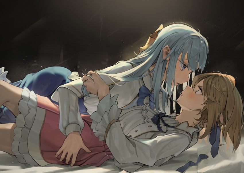 2girls, absurdres, anisphia_wynn_palettia, aqua_hair, bed, blonde_hair, blue_skirt, blush, bow, bowtie, commentary_request, euphyllia_magenta, eye_contact, geng99161, hair_down, hair_ribbon, hair_undone, hand_in_another's_hair, hand_on_another's_head, hand_on_another's_hip, highres, holding, holding_ribbon, long_skirt, looking_at_another, loose_bowtie, lying, multiple_girls, on_back, pink_skirt, profile, purple_bow, purple_eyes, ribbon, saliva, saliva_trail, shirt, skirt, tensei_oujo_to_tensai_reijou_no_mahou_kakumei, white_shirt, yellow_ribbon, yuri