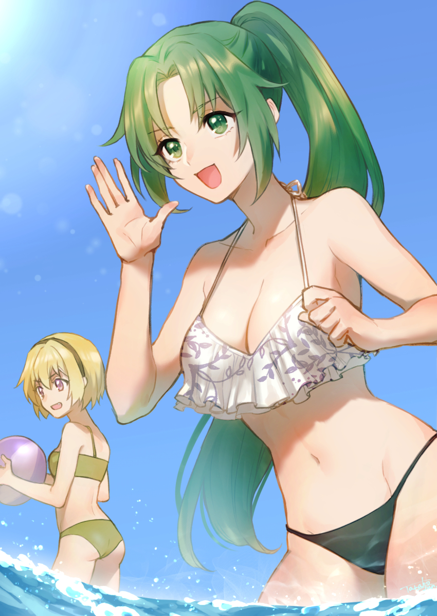 2girls, :d, ball, bare_arms, bare_shoulders, beachball, bikini, black_bikini, black_hairband, blonde_hair, breasts, brown_eyes, cleavage, collarbone, fang, floating_hair, green_bikini, green_eyes, green_hair, groin, hair_between_eyes, hairband, halterneck, highres, higurashi_no_naku_koro_ni, holding, holding_ball, houjou_satoko, large_breasts, leaning_forward, long_hair, mismatched_bikini, multiple_girls, navel, open_mouth, ponytail, short_hair, small_breasts, smile, sonozaki_mion, swimsuit, tarako_jun, very_long_hair, wading, white_bikini