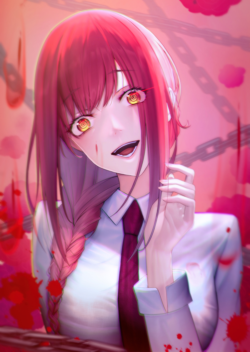 1girl, :d, absurdres, blood, blood_on_face, blood_splatter, braid, chain