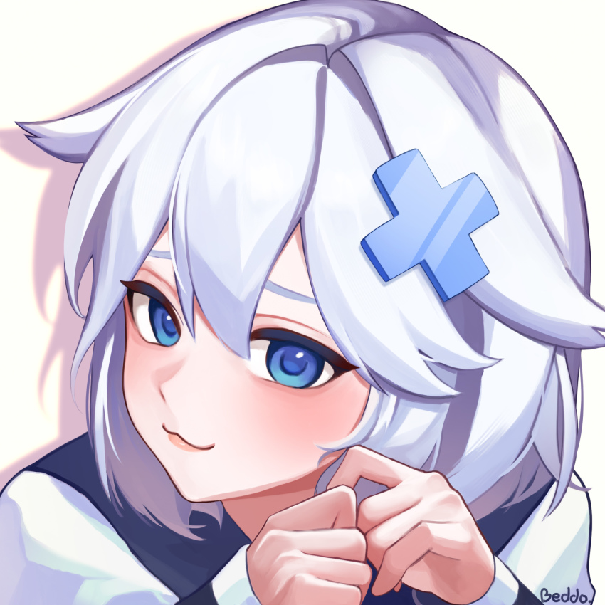 1girl, :3, artist_name, beddo712140, blue_eyes, gosegu, hair_ornament, hands_up