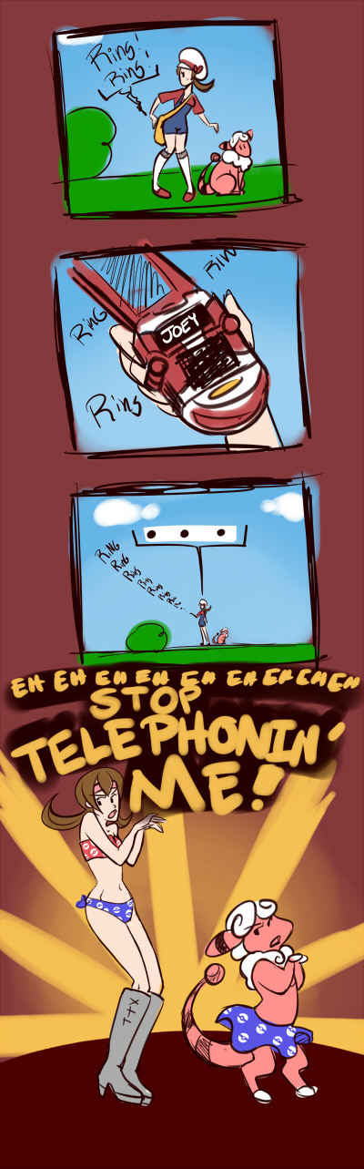 ..., 1girl, 4koma, bad_deviantart_id, bad_id, badpirate, bikini, boots, brown_hair, comic, cosplay, english_text, flaaffy, gameplay_mechanics, gen_2_pokemon, hat, hat_ribbon, headband, highres, lady_gaga, lady_gaga_(copyright), lady_gaga_(cosplay), long_image, lyra_(pokemon), nintendo, parody, pokegear, pokemon, pokemon_heartgold_and_soulsilver, red_ribbon, ribbon, swimsuit, tall_image, telephone_(lady_gaga), truth, twintails