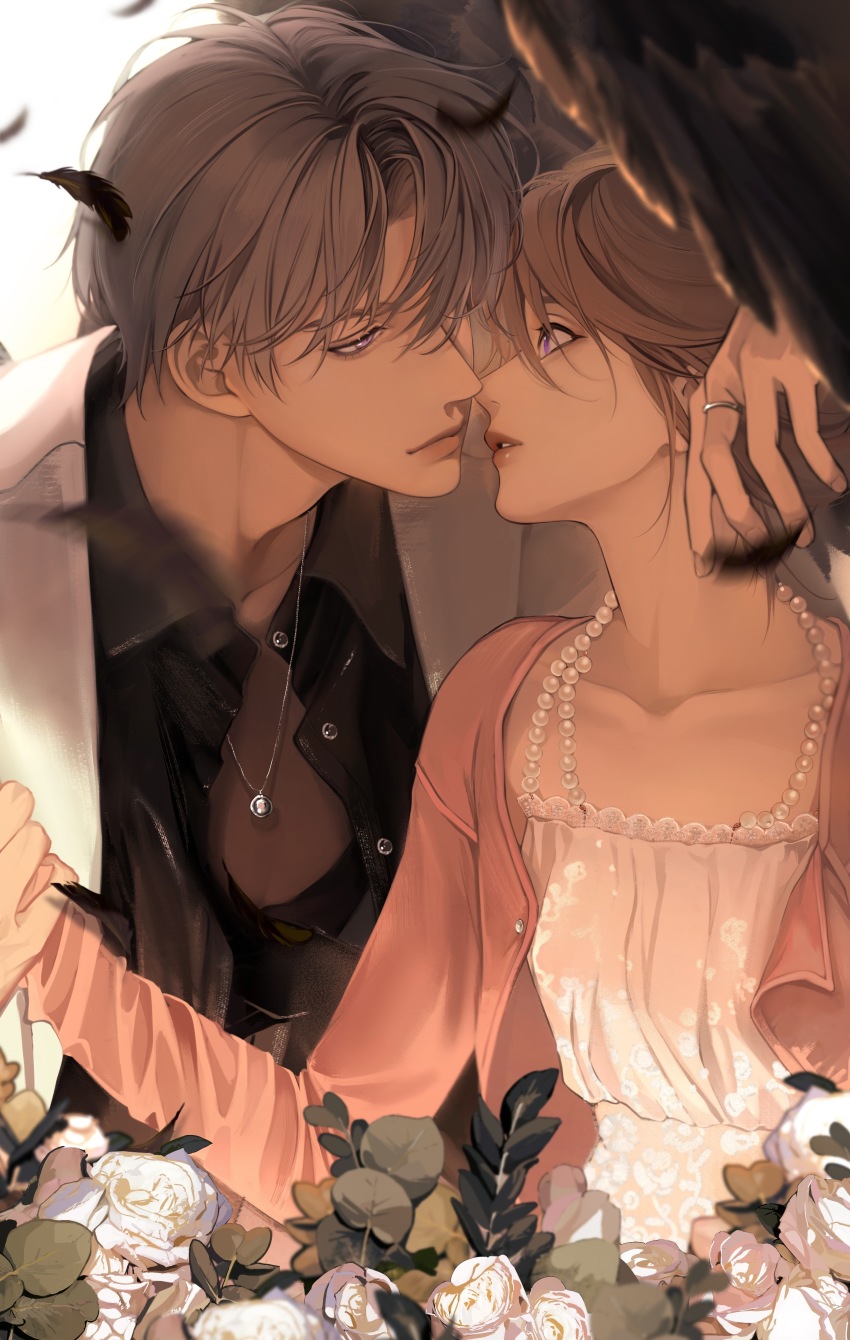 1boy, 1girl, absurdres, bead_necklace, beads, black_shirt, black_wings, brown_hair