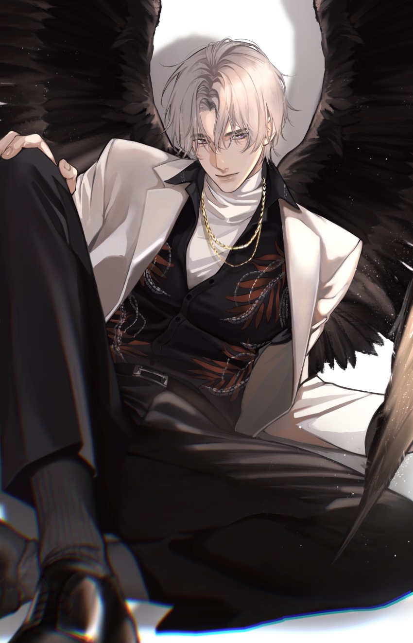1boy, absurdres, black_pants, black_shirt, black_shoes, black_socks, black_wings, blazer