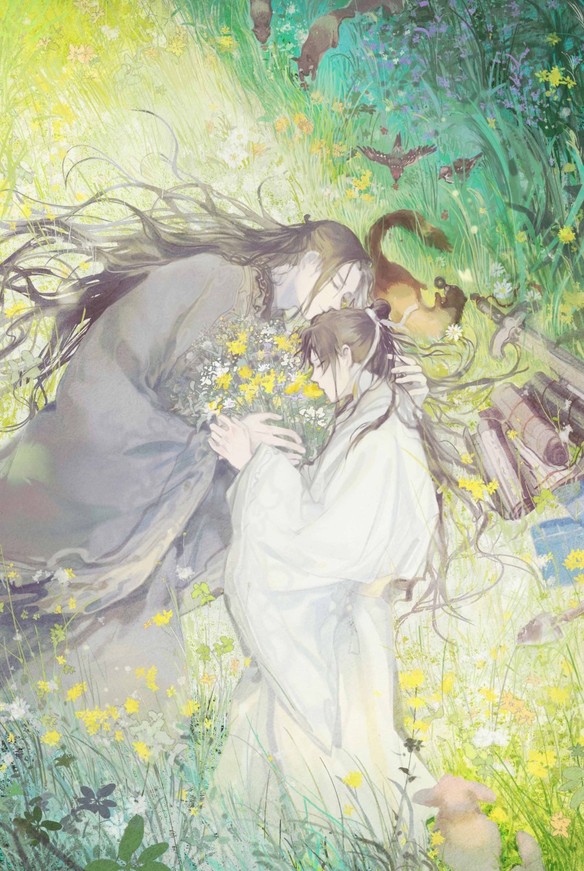 2boys, absurdres, animal, arm_pillow, bamboo_slips, beak_hold, bird, chinese_clothes