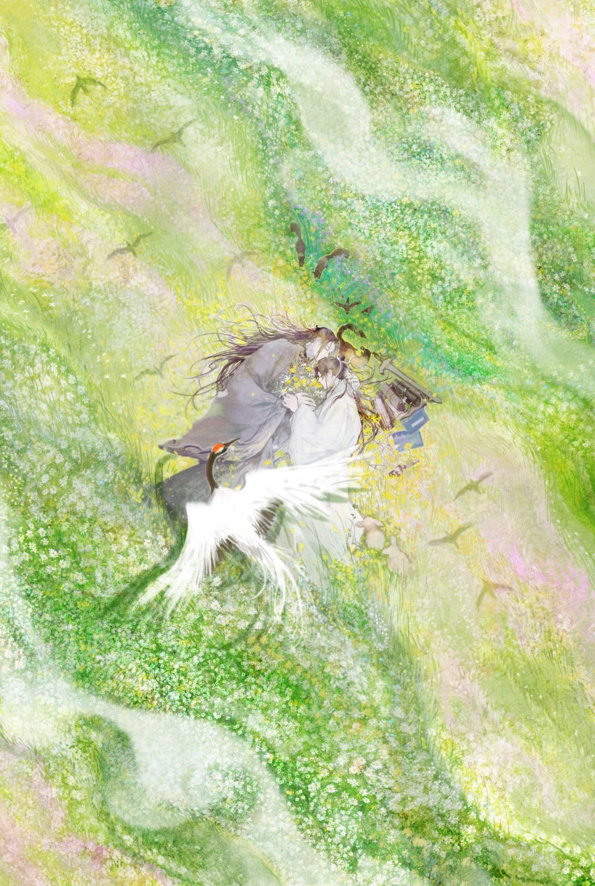 2boys, absurdres, animal, arm_pillow, bamboo_slips, beak_hold, bird, book