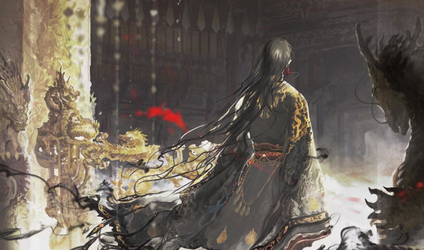 1boy, architecture, arms_at_sides, bead_curtain, beads, black_hair, blurry, chinese_clothes, copyright_request, cowboy_shot, day, depth_of_field, dragon, earrings, east_asian_architecture, eastern_dragon, facing_away, hanfu, highres, jewelry, long_hair, long_sleeves, male_focus, nthatall, pillar, sash, sleeves_past_fingers, sleeves_past_wrists, smoke, solo, standing, statue, very_long_hair