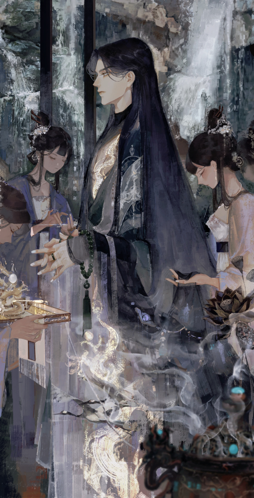 1boy, 6+girls, absurdres, bead_bracelet, beads, bird, black_hair, blurry, bracelet, incense_burner, chang_geng, chinese_clothes, closed_eyes, crane_(animal), depth_of_field, dressing_another, earrings, facing_down, flower, gem, hair_behind_ear, hair_bun, hair_flower, hair_ornament, hair_stick, hanfu, highres, holding, holding_tray, jewelry, long_hair, long_sleeves, looking_away, lotus, multiple_girls, nail_polish, out_of_frame, own_hands_together, painting_(object), pinky_out, prayer_beads, profile, ring, robe, sha_po_lang, sidelocks, single_hair_bun, smoke, standing, straight_hair, tassel, tray, updo, very_long_hair, white_flower, white_nails, yanque57717