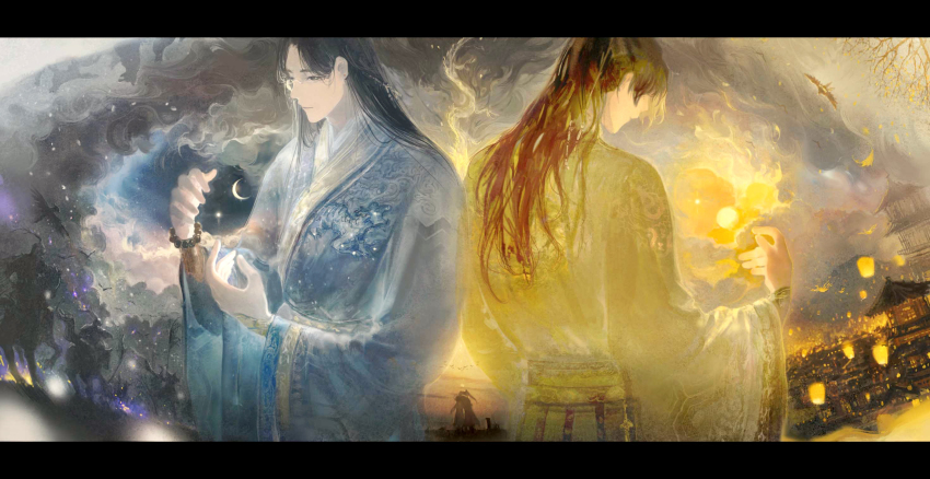 2boys, architecture, army, back-to-back, bead_bracelet, beads, bird, black_hair, blue_robe, blue_theme, bracelet, building, burning, chang_geng, character_request, check_character, chinese_clothes, contrast, cowboy_shot, crescent_moon, dawn, day_and_night, double_exposure, dragon, dusk, east_asian_architecture, eastern_dragon, fire, hands_up, hanfu, highres, horizon, horseback_riding, jewelry, lantern, letterboxed, long_sleeves, looking_away, looking_down, male_focus, moon, multiple_boys, night, nthatall, ocean, paper_lantern, ponytail, riding, robe, sash, sha_po_lang, silhouette, sky, sky_lantern, smoke, split_theme, straight_hair, sun, tower, twilight, war, wide_sleeves, yellow_robe, yellow_theme