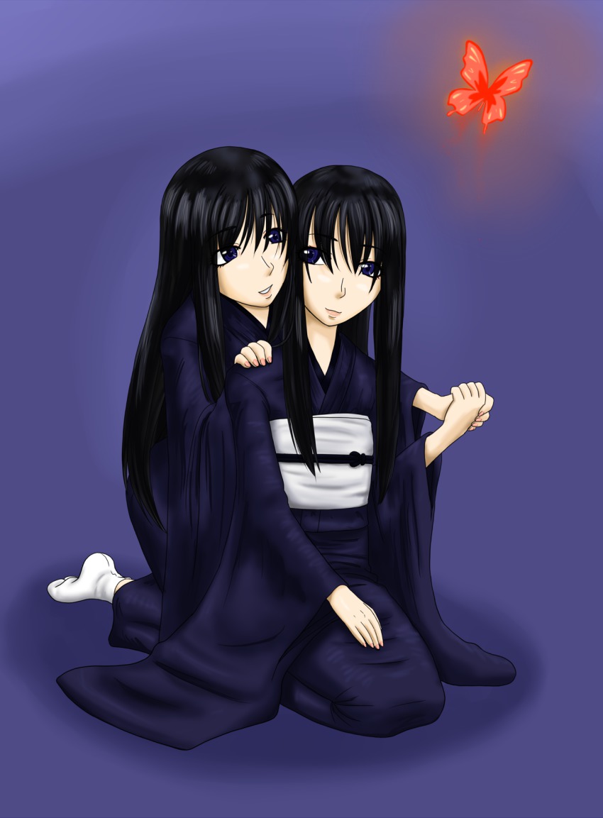 2girls, black_hair, blue_eyes, bug, butterfly, fatal_frame, fatal_frame_ii:_crimson_butterfly, highres