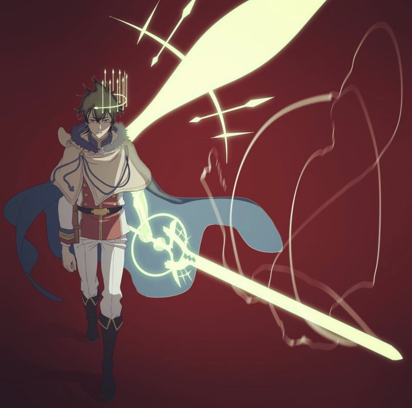 black_clover, black_hair, green_halo, halo, highres, holding, holding_sword, holding_weapon