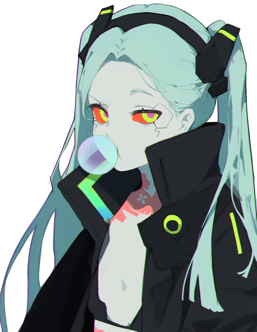 1girl, absurdres, aqua_hair, artificial_eye, black_bra, black_hairband, black_jacket, blowing_bubble_gum, blowing_bubbles, bra, breasts, chewing_gum, colored_sclera, colored_skin, cyberpunk:_edgerunners, cyberpunk_(series), green_eyes, hairband, headgear, highres, jacket, long_hair, looking_at_viewer, mechanical_eyes, mugoa_mugo, neck_tattoo, open_clothes, open_jacket, raised_eyebrow, rebecca_(cyberpunk), red_pupils, red_sclera, samurai_jacket_(cyberpunk), simple_background, single_mechanical_eye, small_breasts, solo, tattoo, twintails, underwear, upper_body, very_long_hair, white_background, white_skin