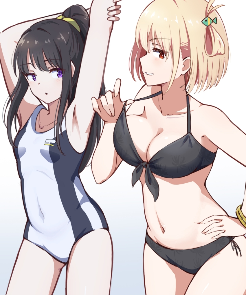 2girls, :o, arms_up, bikini, bikini_pull, black_bikini, black_hair, bracelet, breasts, clothes_pull, competition_swimsuit, covered_navel, fish_hair_ornament, gold_bracelet, grin, hair_ornament, hand_on_own_hip, high_ponytail, highres, hyoe_(hachiechi), inoue_takina, jewelry, large_breasts, long_hair, lycoris_recoil, multiple_girls, navel, nishikigi_chisato, one-piece_swimsuit, one_side_up, parted_lips, ponytail, pulling_own_clothes, purple_eyes, red_eyes, scrunchie, short_hair, sidelocks, simple_background, small_breasts, smile, stomach, strap_pull, swimsuit, white_background, white_one-piece_swimsuit