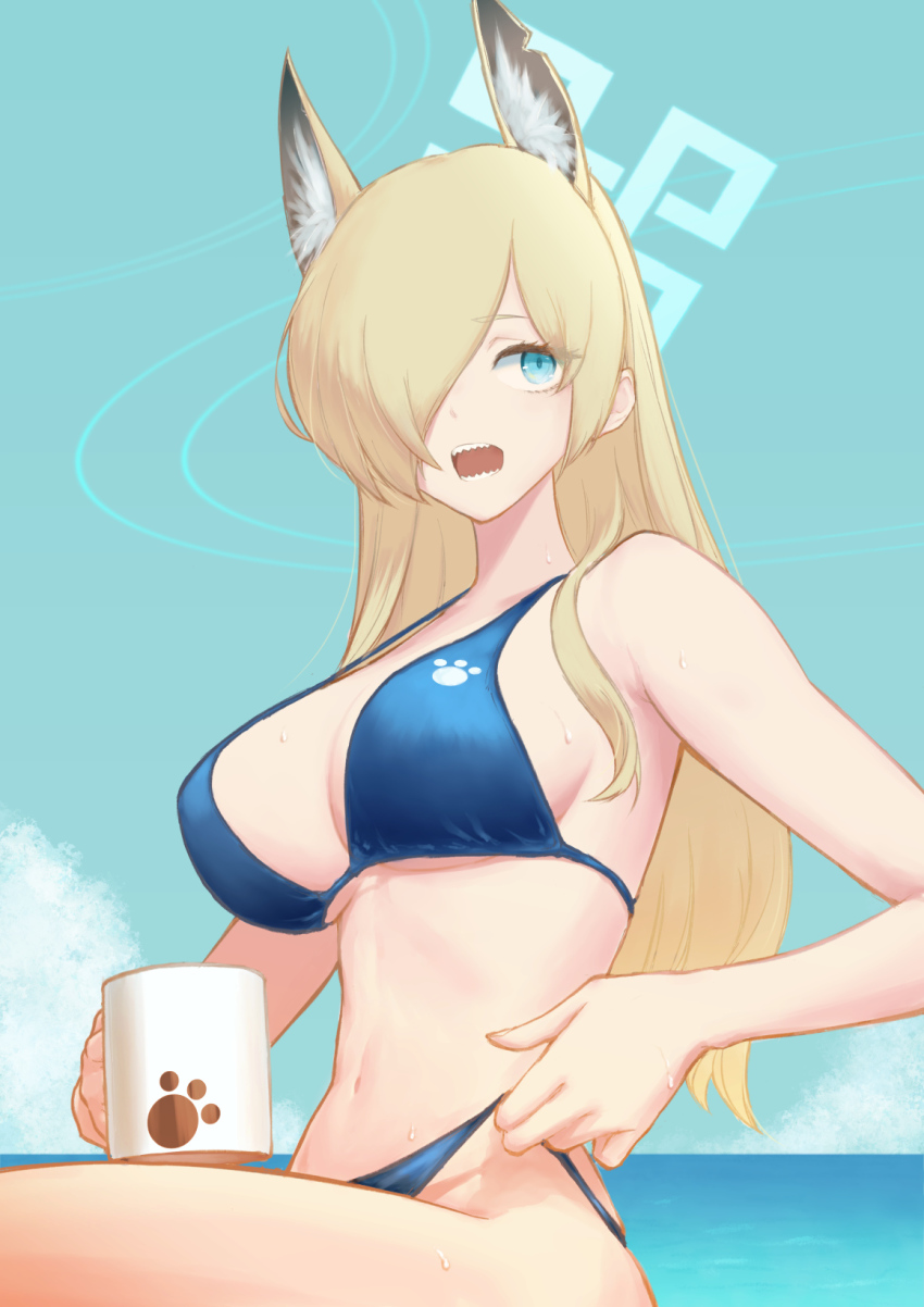 1girl, adjusting_clothes, adjusting_swimsuit, alternate_costume, animal_ear_fluff, animal_ears, asymmetrical_bangs, bikini, blonde_hair, blue_archive, blue_bikini, blue_eyes, blue_halo, breasts, cup, extra_ears, hair_over_one_eye, halo, highres, holding, holding_cup, horizon, kanna_(blue_archive), kogetail, large_breasts, long_bangs, midriff, mug, navel, outdoors, paw_print, sharp_teeth, sky, solo, swimsuit, teeth, water