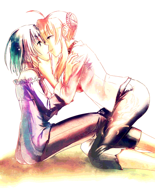 2girls, akai_ito, asama_sakuya, bad_id, bad_pixiv_id, blonde_hair, blue_hair, blush