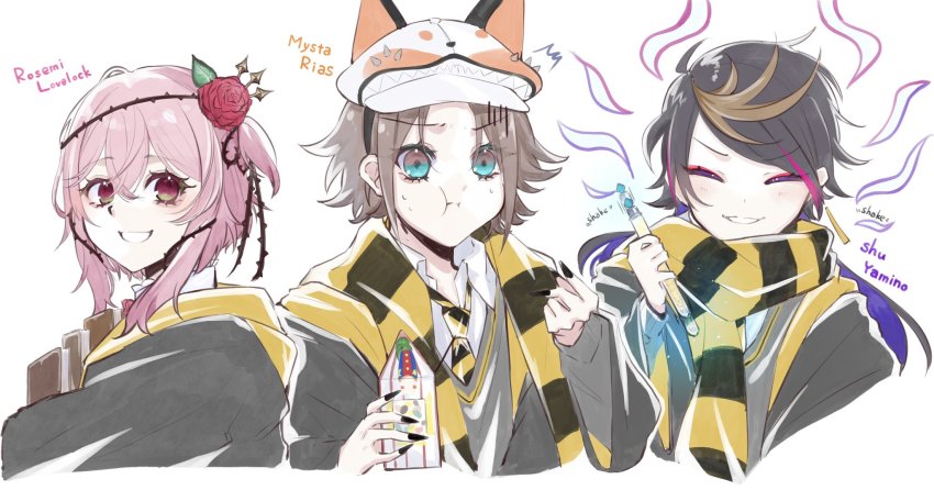 1girl, 2boys, :t, ^^^, animal_ears, black_hair, black_nails, black_scarf