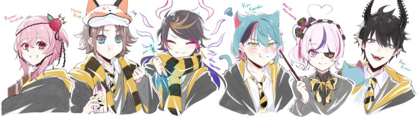 2girls, 4boys, :t, ^^^, ahoge, anger_vein, animal_ears, aqua_eyes