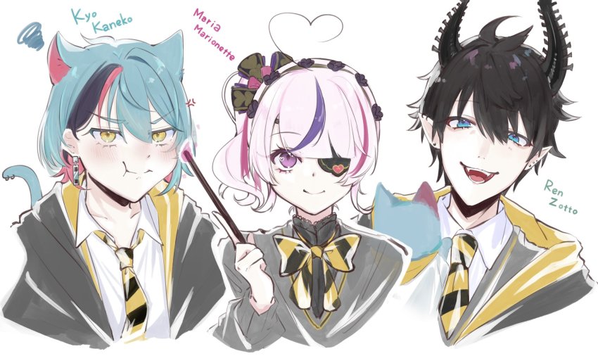 1girl, 2boys, :t, ahoge, anger_vein, animal_ears, aqua_eyes, black_hair