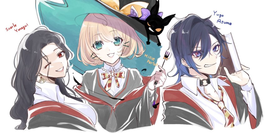 1boy, 2girls, black_cat, black_hair, blonde_hair, blue_hair, bob_cut, book