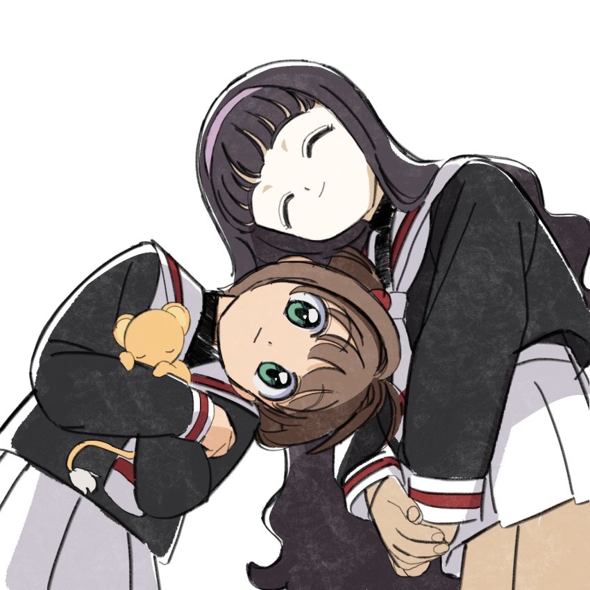 2girls, antenna_hair, black_hair, black_shirt, blunt_bangs, brown_hair, cardcaptor_sakura, cowboy_shot