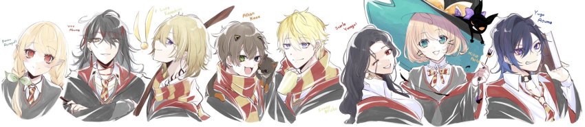 3girls, 5boys, alban_knox, black_cat, black_hair, black_nails, blonde_hair, blue_hair