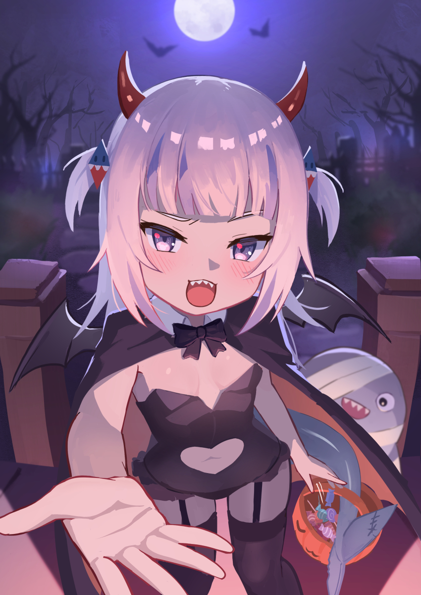 1girl, :d, absurdres, alternate_costume, bandages, bare_tree, bat_wings, black_cape, black_garter_straps, black_thighhighs, bloop_(gawr_gura), blue_eyes, blue_hair, blunt_bangs, blush, breasts, candy, cape, clothing_cutout, commentary, english_commentary, food, full_moon, garter_straps, gawr_gura, hair_ornament, halloween, halloween_bucket, halloween_costume, heart_cutout, highres, hirotaka0125, hololive, hololive_english, horns, long_hair, looking_at_viewer, moon, multicolored_hair, navel_cutout, night, open_mouth, outdoors, outstretched_arm, sharp_teeth, small_breasts, smile, solo, streaked_hair, teeth, thighhighs, tree, trick-or-treating, two-tone_hair, two_side_up, virtual_youtuber, white_hair, wings