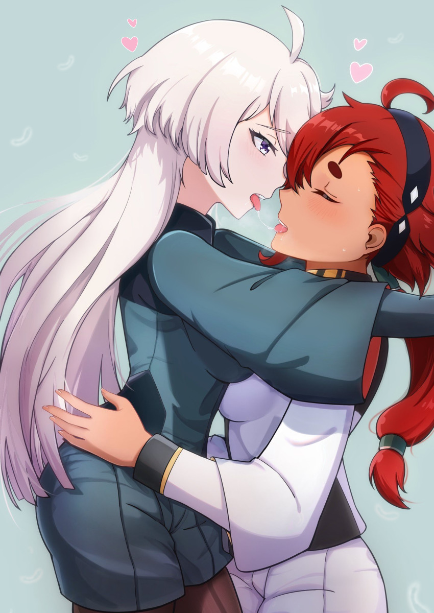 2girls, absurdres, after_kiss, ahoge, closed_eyes, grey_eyes, gundam, gundam_suisei_no_majo
