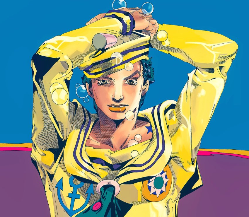 1boy, anchor_symbol, araki_hirohiko_(style), arms_up, blue_background, blue_hair, brown_eyes, bubble, commentary_request, derivative_work, dixie_cup_hat, hat, higashikata_josuke_(jojolion), highres, jojo_no_kimyou_na_bouken, jojo_pose, jojolion, looking_at_viewer, male_focus, military_hat, multicolored_background, neckerchief, orange_lips, purple_background, sailor_collar, sailor_shirt, screenshot_redraw, shirotoki_(qdng0atngbaqmce), shirt, short_hair, solo, star_(symbol), upper_body