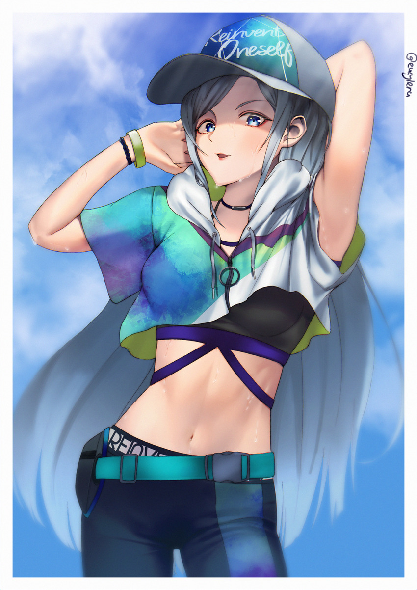 1girl, aqua_belt, armpits, arms_up, baseball_cap, belt, black_pants, black_sports_bra
