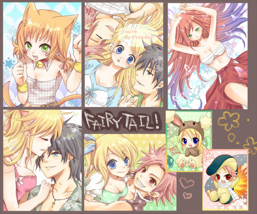 2boys, 3girls, black_eyes, black_hair, blonde_hair, brown_eyes, buneary, cyndaquil, erza_scarlet, fairy_tail, gen_2_pokemon, gen_4_pokemon, gray_fullbuster, lucy_heartfilia, millianna, morizuki_yuma, multiple_boys, multiple_girls, natsu_dragneel, nintendo, pink_hair, pokemon, pokemon_(creature), red_eyes, red_hair, scarlet_(infinity), text_focus