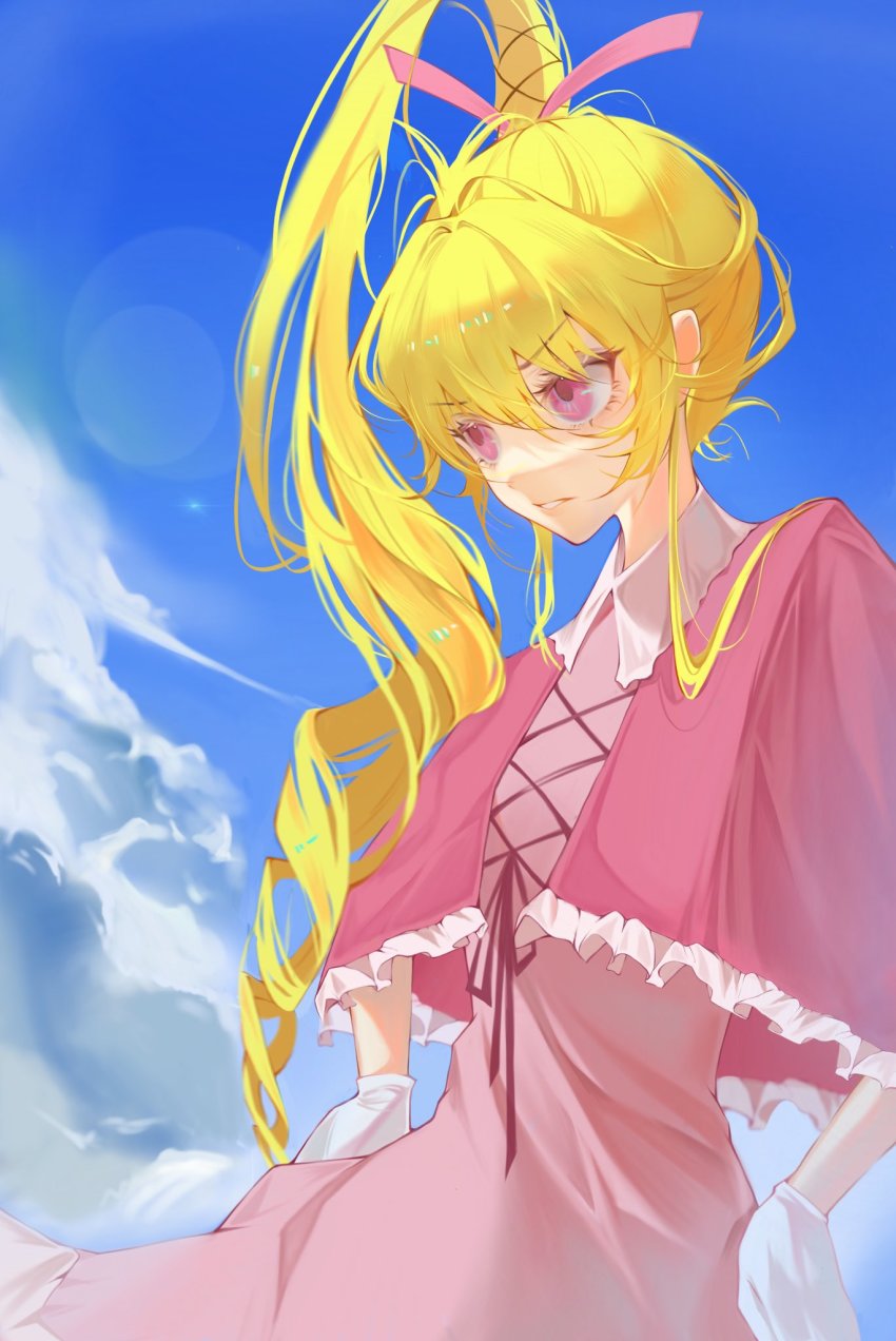 1girl, biscuit_krueger, blonde_hair, blue_eyes, blue_sky, cross-laced_clothes, cross-laced_top, dress, eyelashes, feet_out_of_frame, feitian5575, frills, gloves, hair_ribbon, hands_on_own_hips, highres, hunter_x_hunter, lolita_fashion, long_hair, looking_down, pink_eyes, ponytail, red_dress, ribbon, simple_background, sky, solo, white_gloves